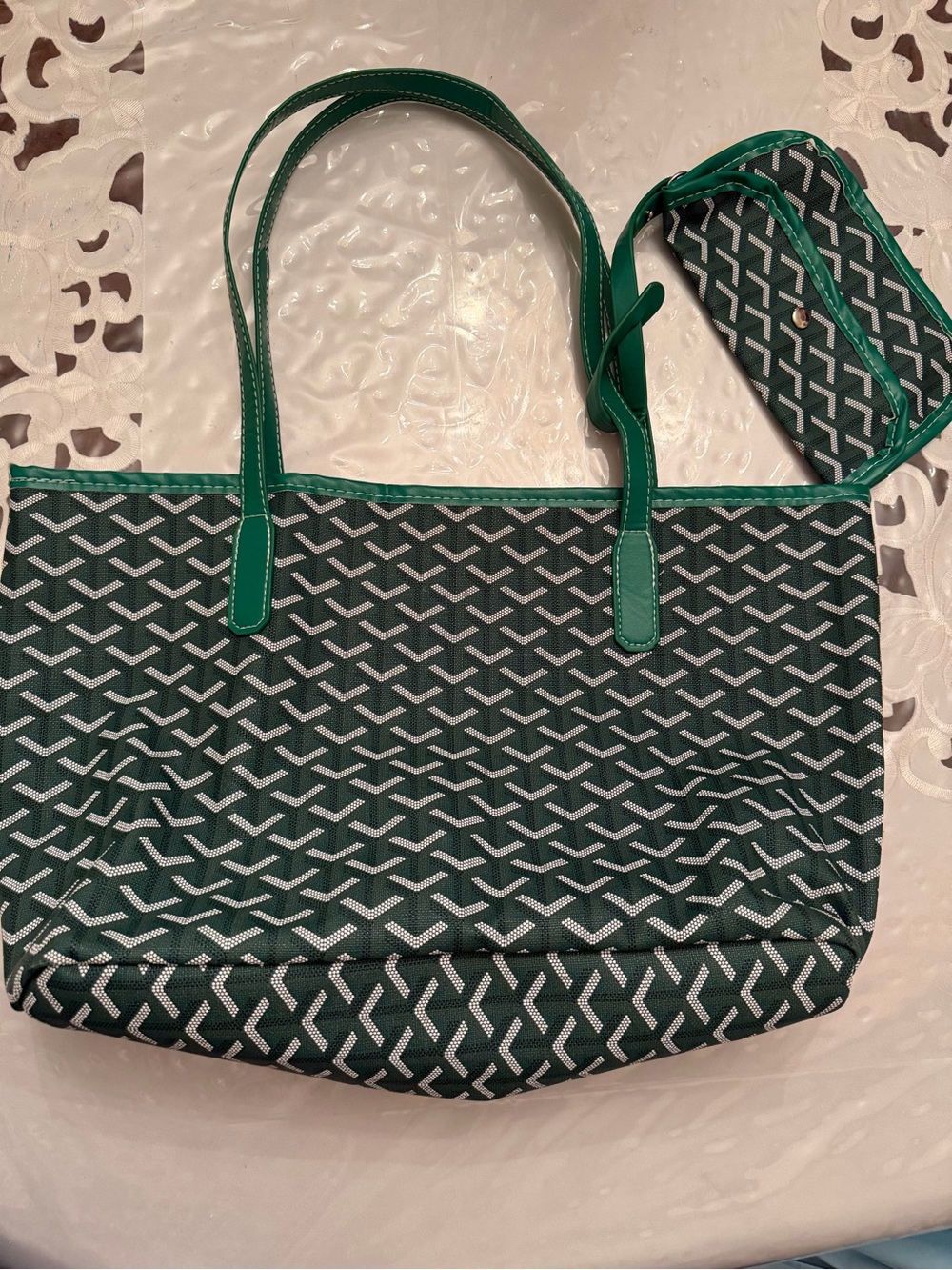 Green Patterned Tote Bag with Matching Pouch - Stylish Everyday Carry